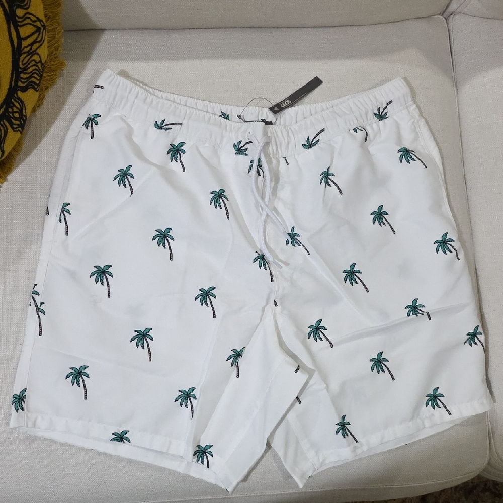 ASOS White Swim Trunks with Green Palm Print.